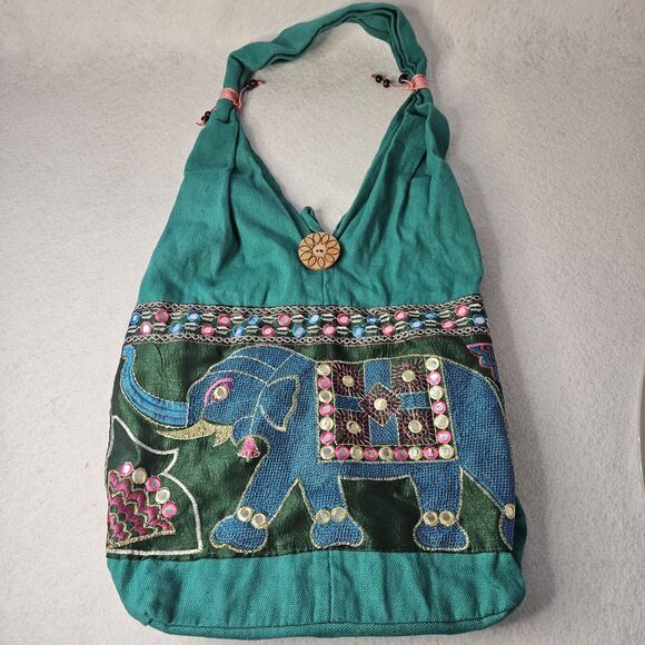 Green Boho Elephant Crossbody with Wood Button Handmade Satchel Shoulder Bag - Picture 1 of 5